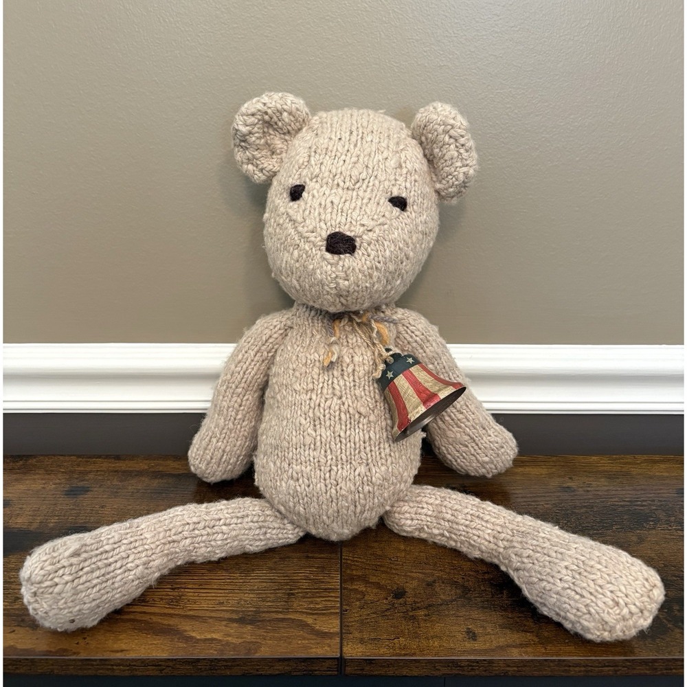 Hand Knitted Wool Brown Teddy Bear Stuffed Animal With American Bell